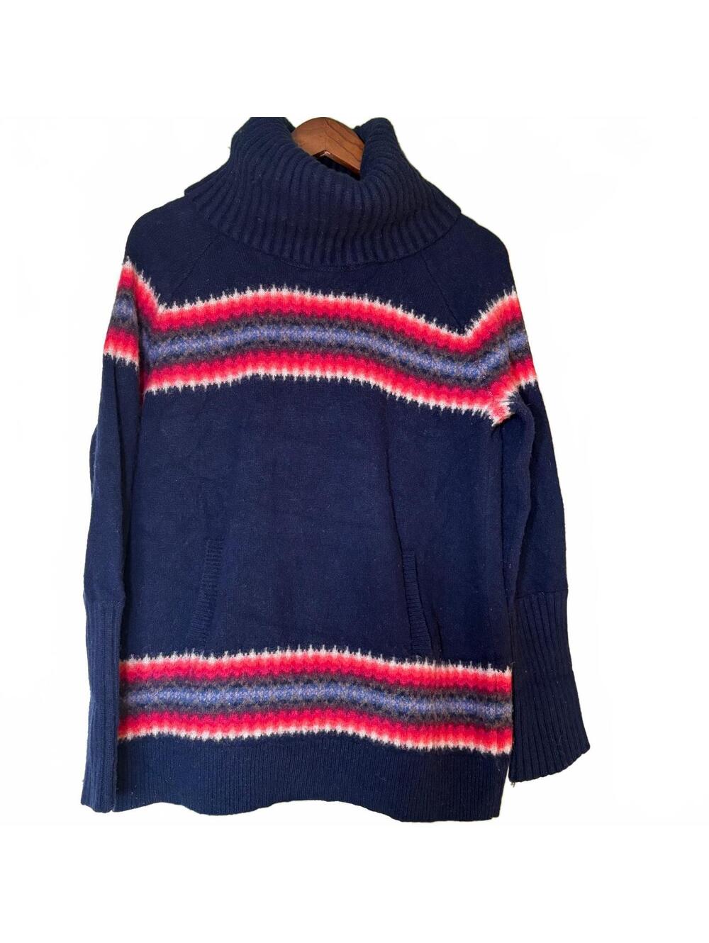 Gap Women Navy Blue Striped Turtleneck Sweater Wool Fair Isle Cabincore Holiday